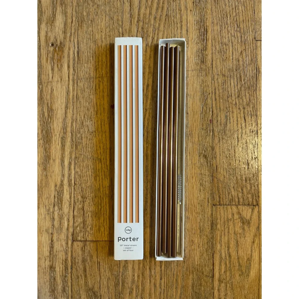 Porter 10 Inch Metal Straws Copper Plated‎ Stainless Steel Set of 4 with Brush